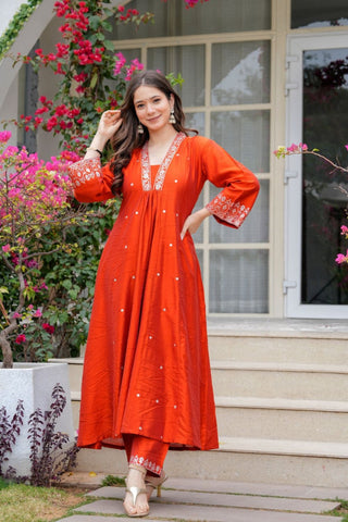 Orange Viscose Chanderi Cotton Kurta Set_Kumari Sarees
