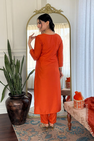 Orange Viscose Chinon Cotton Embroidery Kura Set_Kumari Sarees