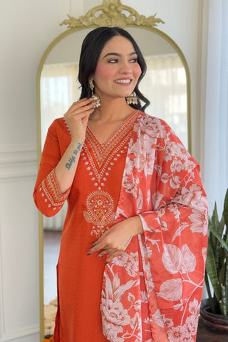Orange Viscose Reyon Chinon Embroidery Kurta Set_Kumari Sarees