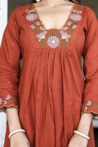 Orange Soft Rayon Slub Embroidered With Flared Kurta Set_Kumari SArees