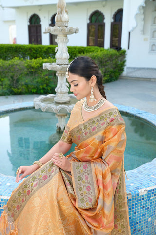 Orange Organza Leheriya Woven Saree