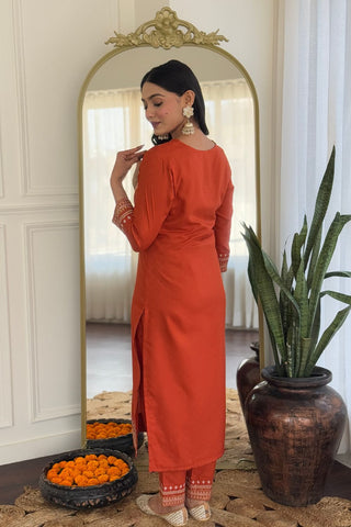 Orange Viscose Reyon Chinon Embroidery Kurta Set_Kumari Sarees