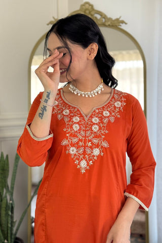 Orange Viscose Chinon Cotton Embroidery Kura Set_Kumari Sarees