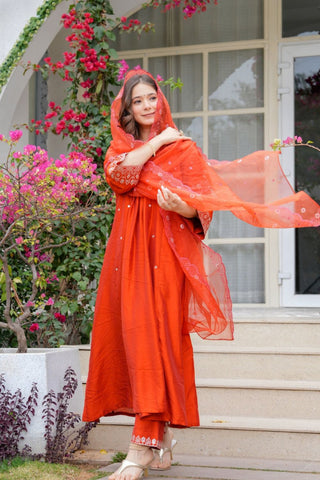 Orange Viscose Chanderi Cotton Kurta Set_Kumari Sarees