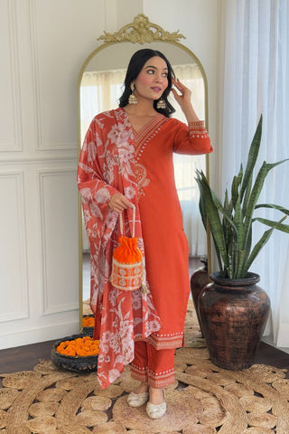 Orange Viscose Reyon Chinon Embroidery Kurta Set_Kumari Sarees