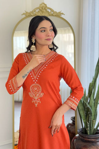Orange Viscose Reyon Chinon Embroidery Kurta Set_Kumari Sarees