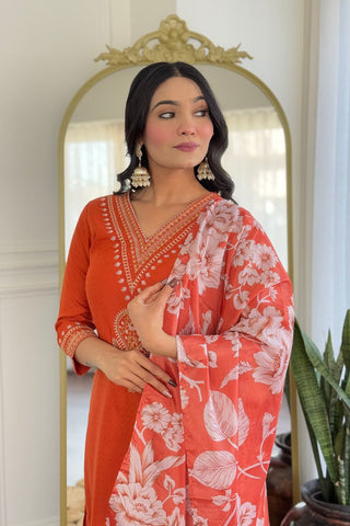 Orange Viscose Reyon Chinon Embroidery Kurta Set_Kumari Sarees