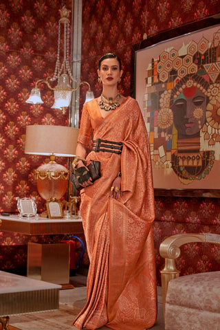 Orange Nylon Two Tone Zari Handloom Weaving Silk Saree