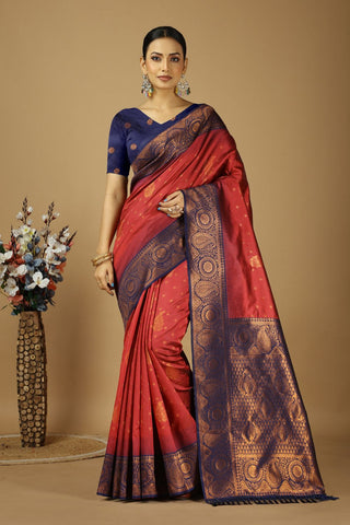 Orange & Navy Blue Kanjeevaram Silk Saree_Kumari Sarees
