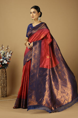 Orange & Navy Blue Kanjeevaram Silk Saree_Kumari Sarees
