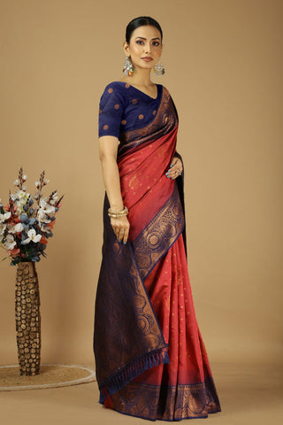Orange & Navy Blue Kanjeevaram Silk Saree_Kumari Sarees