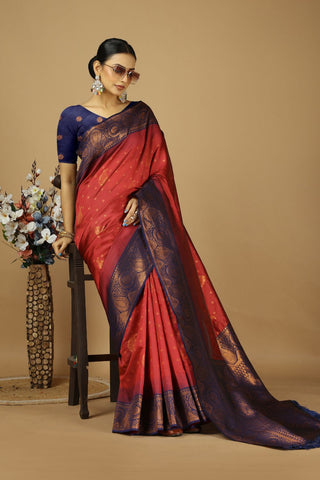 Orange & Navy Blue Kanjeevaram Silk Saree_Kumari Sarees