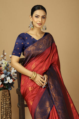 Orange & Navy Blue Kanjeevaram Silk Saree_Kumari Sarees
