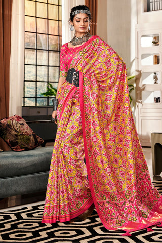 Orange & Pink Pure Tussar Patola Saree With Patola Print