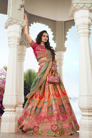 Orange and Pink Banarasi Silk Lehenga with Zarkan Codding