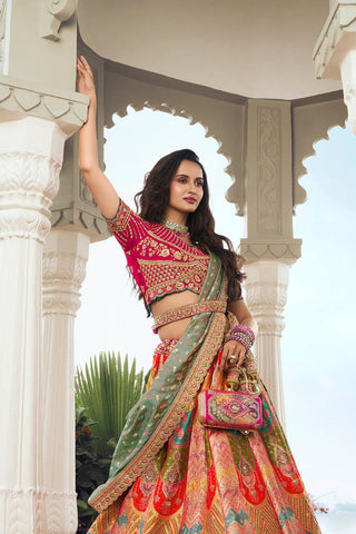 Orange and Pink Banarasi Silk Lehenga with Zarkan Codding