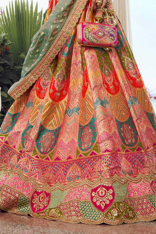 Orange and Pink Banarasi Silk Lehenga with Zarkan Codding