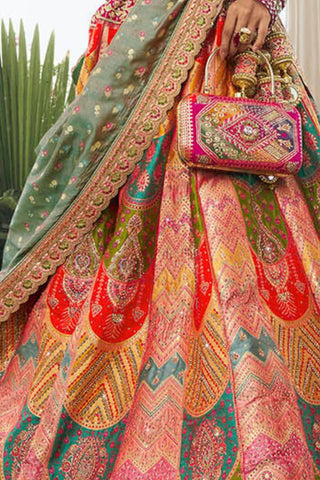 Orange and Pink Banarasi Silk Lehenga with Zarkan Codding