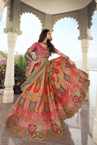 Orange and Pink Banarasi Silk Lehenga with Zarkan Codding