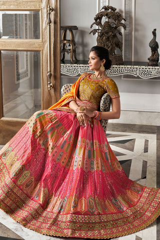 Orange & Red Banarasi Silk Lehenga with Zarkan Codding Work