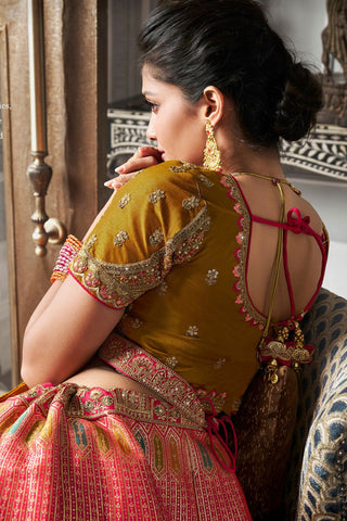 Orange & Red Banarasi Silk Lehenga with Zarkan Codding Work