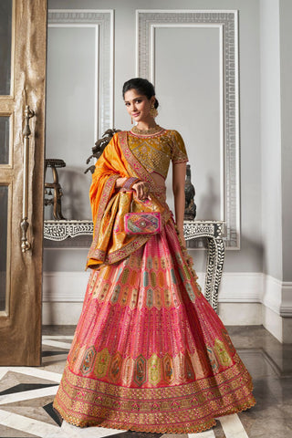 Orange & Red Banarasi Silk Lehenga with Zarkan Codding Work