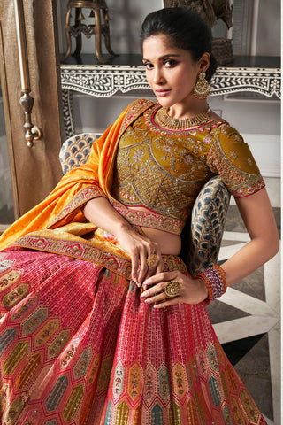 Orange & Red Banarasi Silk Lehenga with Zarkan Codding Work