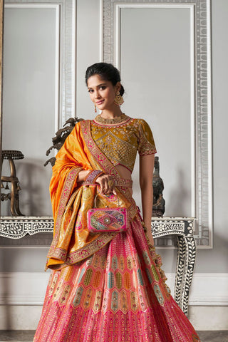 Orange & Red Banarasi Silk Lehenga with Zarkan Codding Work