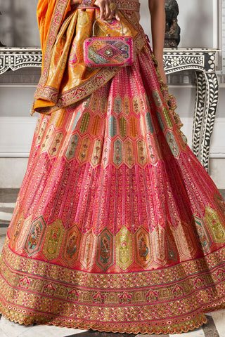 Orange & Red Banarasi Silk Lehenga with Zarkan Codding Work