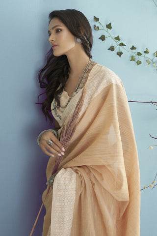 Orange Soft Linen silk with Chikhankhari Weaved Border