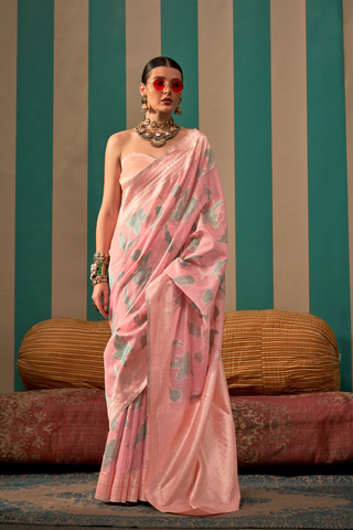 PINK GREEN HANDLOOM WEAVING LINEN SAREE