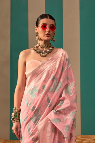 PINK GREEN HANDLOOM WEAVING LINEN SAREE