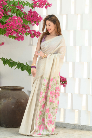 PINK JAMDANI MULMUL COTTON SAREE