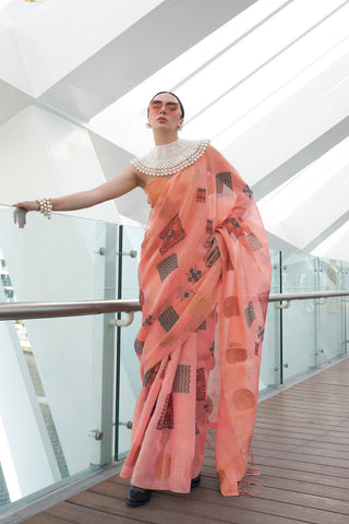 PINK PRINTED ZARI TISSUE SAREE