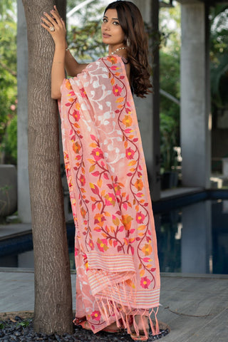 PINK SOFT COTTON FLORAL JAMDANI SAREE