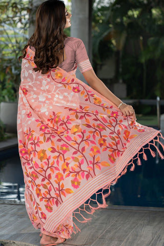 PINK SOFT COTTON FLORAL JAMDANI SAREE