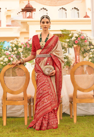 Beige & Red Banarasi Patola Silk Saree