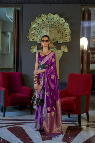 PURPLE NYLON PURE SATIN HANDLOOM WEAVING SAREE