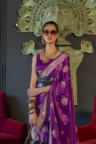 PURPLE NYLON PURE SATIN HANDLOOM WEAVING SAREE