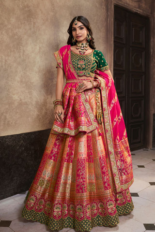 Peach & Green Silk Lehenga With Sequence Zarkan Work