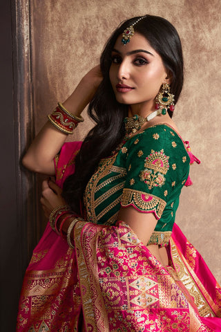 Peach & Green Silk Lehenga With Sequence Zarkan Work