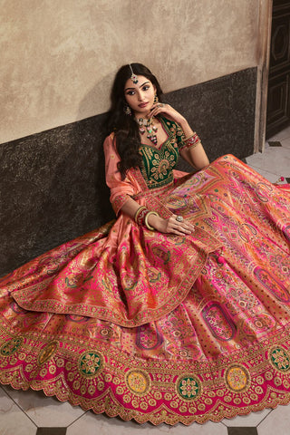 Peach & Green Silk Lehenga With Sequence Zarkan Work