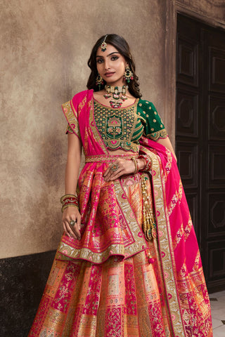 Peach & Green Silk Lehenga With Sequence Zarkan Work