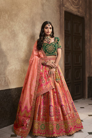 Peach & Green Silk Lehenga With Sequence Zarkan Work