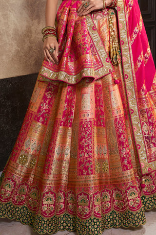 Peach & Green Silk Lehenga With Sequence Zarkan Work