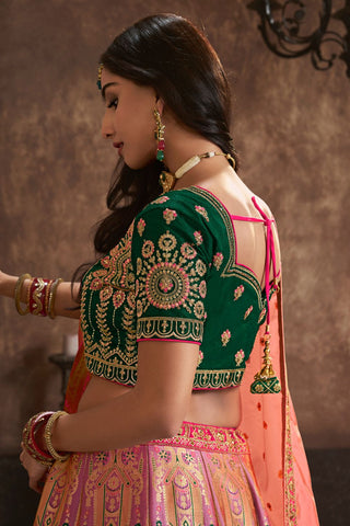 Peach & Green Silk Lehenga With Sequence Zarkan Work