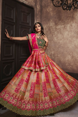 Peach & Green Silk Lehenga With Sequence Zarkan Work