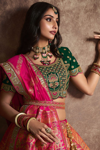 Peach & Green Silk Lehenga With Sequence Zarkan Work