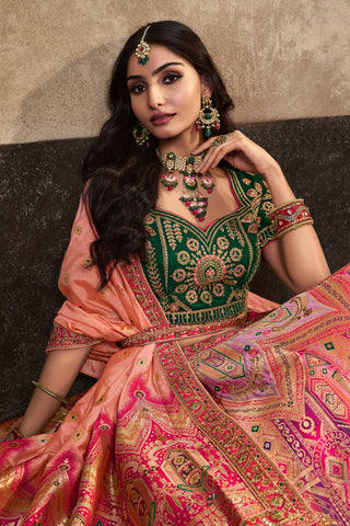 Peach & Green Silk Lehenga With Sequence Zarkan Work