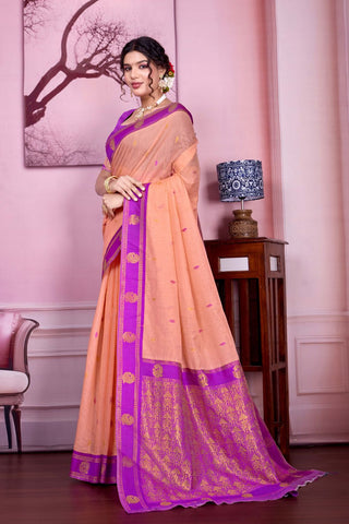 Peach Pure Handloom Cotton With Gold Zari Silk Saree_Kumari Sarees